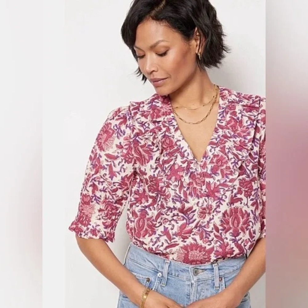 Evereve Womens Ari Ruffle Collar Blouse Pink Purple Floral Puff Sleeve XS